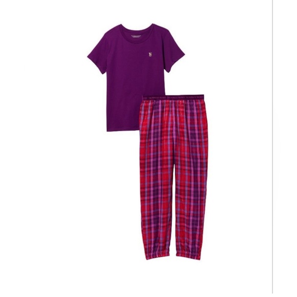 VICTORIA SECRET VS PURPLE PLAID TEE PAJAMA PURPLE TEE AND LONG PANTS BOTTOMS - Picture 2 of 3
